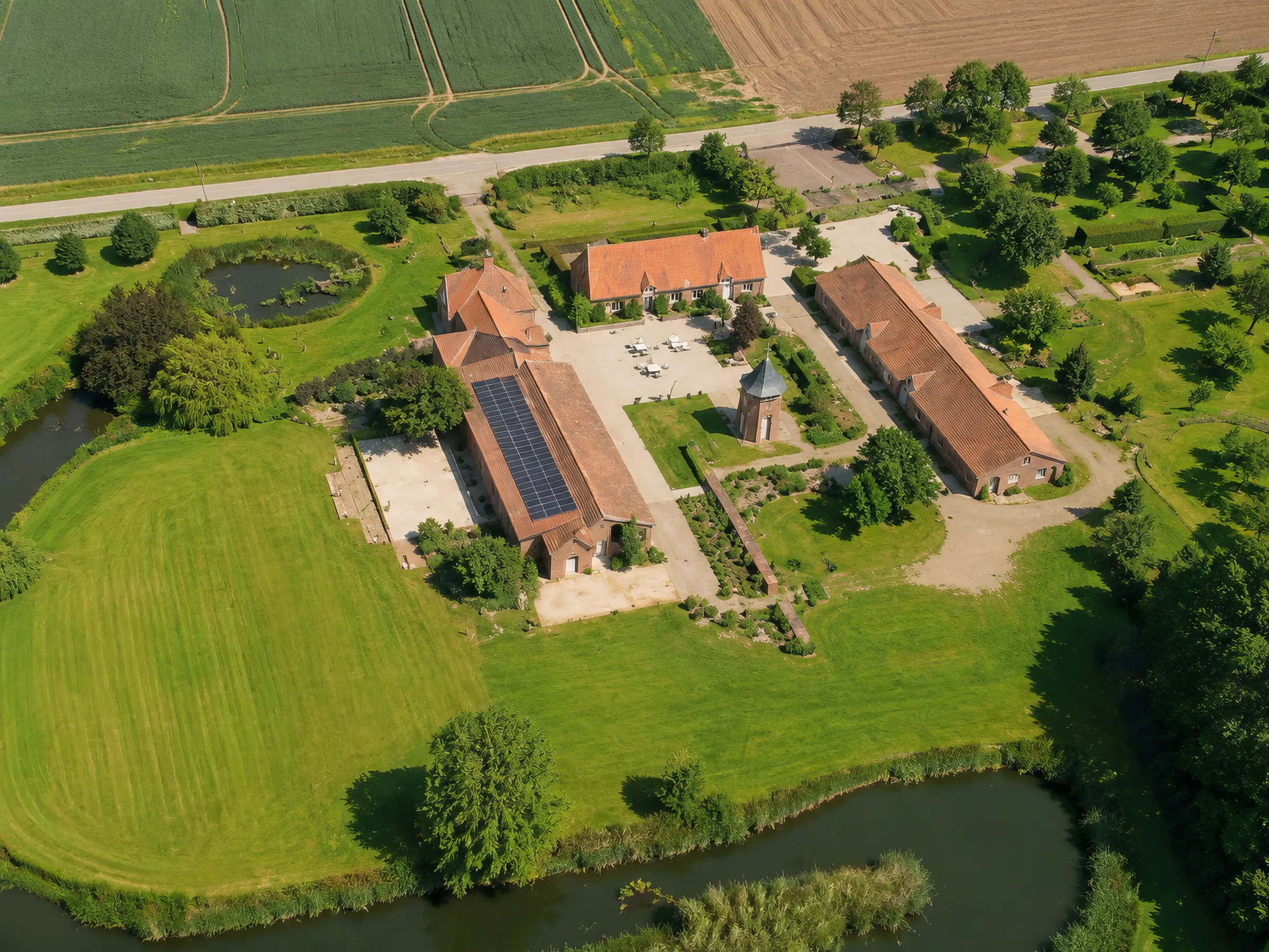 Luchtfoto van het hoevedomein Speghelhof met schuur, koer, duiventil en weides in Wervik